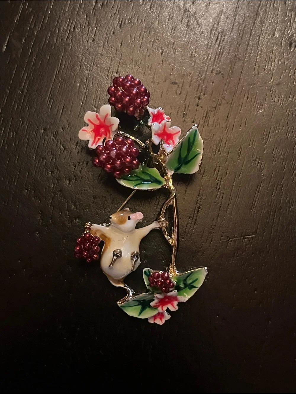 Pearl-Tone Berry & Flower Enamel Mouse Brooch - Pink, Green, White